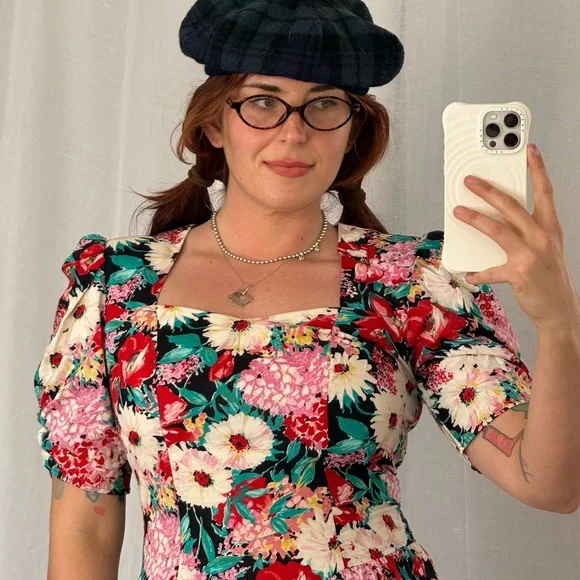 vintage floral puff sleeve midi dress - Picture 3 of 8